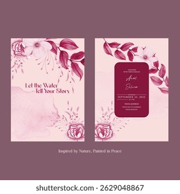 Beautiful wedding invitation card rose template. Watercolor card with gold frame texture, geometric, colourful floral, leaves. Elegant botanical Floral vector with cherry blossom wedding background.