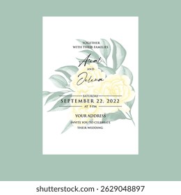 Beautiful wedding invitation card rose template. Watercolor card with gold frame texture, geometric, colourful floral, leaves. Elegant botanical Floral vector with cherry blossom wedding background.