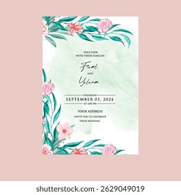 Beautiful wedding invitation card rose template. Watercolor card with gold frame texture, geometric, colourful floral, leaves. Elegant botanical Floral vector with cherry blossom wedding background.