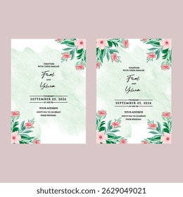 Beautiful wedding invitation card rose template. Watercolor card with gold frame texture, geometric, colourful floral, leaves. Elegant botanical Floral vector with cherry blossom wedding background.