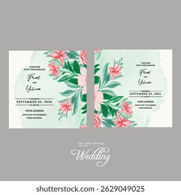 Beautiful wedding invitation card rose template. Watercolor card with gold frame texture, geometric, colourful floral, leaves. Elegant botanical Floral vector with cherry blossom wedding background.