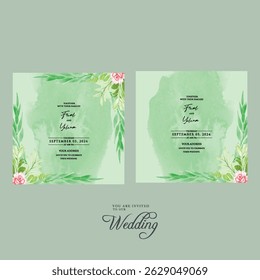 Beautiful wedding invitation card rose template. Watercolor card with gold frame texture, geometric, colourful floral, leaves. Elegant botanical Floral vector with cherry blossom wedding background.