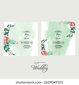 Beautiful wedding invitation card rose template. Watercolor card with gold frame texture, geometric, colourful floral, leaves. Elegant botanical Floral vector with cherry blossom wedding background.