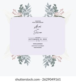 Beautiful wedding invitation card rose template. Watercolor card with gold frame texture, geometric, colourful floral, leaves. Elegant botanical Floral vector with cherry blossom wedding background.