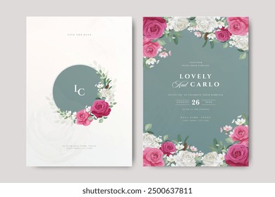 beautiful wedding invitation card with roses flowers and greenery background