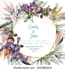 Beautiful wedding invitation card or save the date with peach roses, leafs and tropical plants