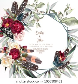 Beautiful wedding invitation card or save the date with boho roses, leafs and plants