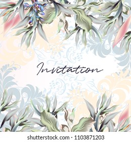 Beautiful wedding invitation card or save the date with swirls, leafs and plants