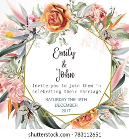 Beautiful wedding invitation card or save the date with peach roses, leafs and tropical plants