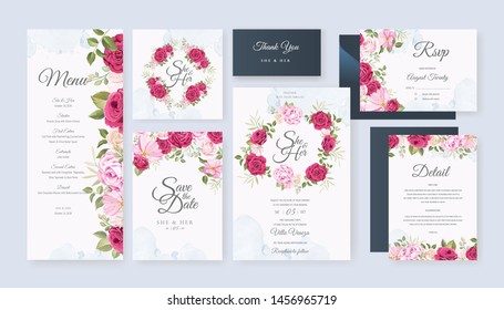 beautiful wedding invitation card set with elegant roses background 
