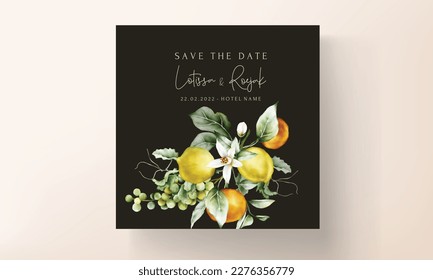 beautiful wedding invitation card set with botanical fruit watercolor and flower