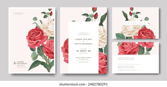 beautiful wedding invitation card set with roses flowers red and white color