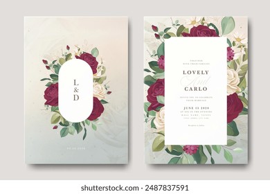 Hermosa tarjeta de invitación de boda con flores de rosa de marco floral	