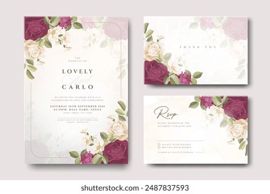 Beautiful wedding invitation card set with floral frame rose flowers	