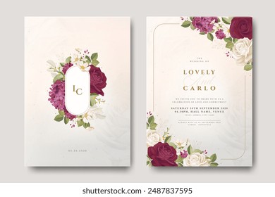 Hermosa tarjeta de invitación de boda con flores de rosa de marco floral	