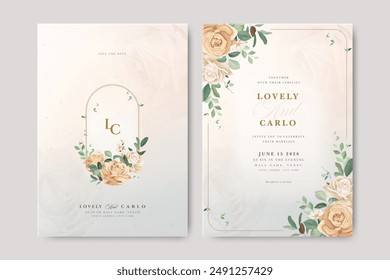 Hermosa tarjeta de invitación de boda con flores de rosa de marco floral	