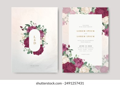 Beautiful wedding invitation card set with floral frame rose flowers	