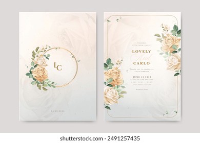 Beautiful wedding invitation card set with floral frame rose flowers	