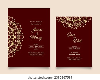 Beautiful Wedding Invitation Card Suite with Mandala in Dark Red and Yellow Color for Ready to Print.