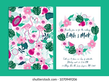 Beautiful Wedding invitation card Template with tropical flowers and flamingo birds