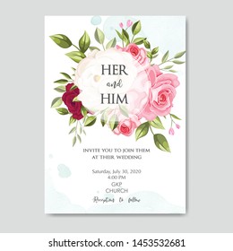 beautiful wedding invitation card template with floral leaves