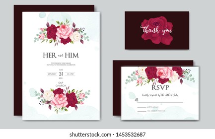 beautiful wedding invitation card template with floral leaves