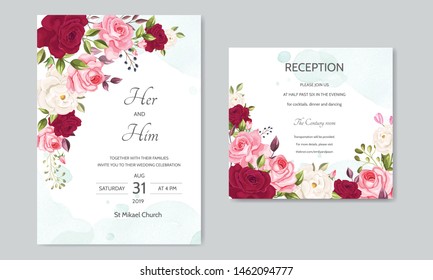 beautiful wedding invitation card  template with floral leaves