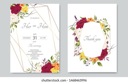 beautiful wedding invitation card  template with floral leaves