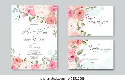 beautiful wedding invitation card  template with floral leaves