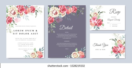 beautiful wedding invitation card template with floral and leaves