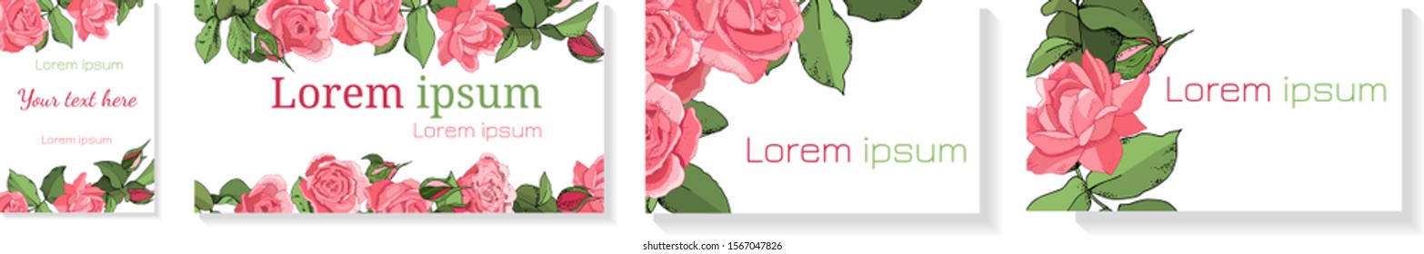 Beautiful wedding invitation card template with floral leaves. Wedding invite, invitation, save the date card with vector floral bouquet frame Rose design. Vector hand drawn illustration isolated on w