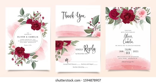 Beautiful wedding invitation card template set with burgundy and peach rose flowers and watercolor background. Cards with floral, gold line, and glitter for save the date, invitation, greeting card