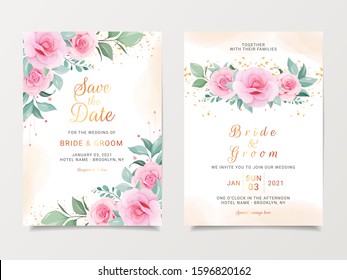 Beautiful wedding invitation card template set with flowers bouquet and gold glitter. Roses and leaves botanic illustration with watercolor background for save the date, invitation, greeting card