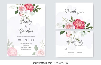 Beautiful wedding invitation card template set with floral frame and leaves