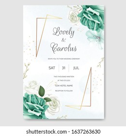 Beautiful wedding invitation card template set with greenery floral leaves and gold frame