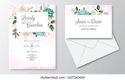 Beautiful wedding invitation card template set with greenery floral leaves and gold frame