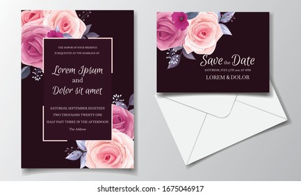 Beautiful wedding invitation card template set with floral frame