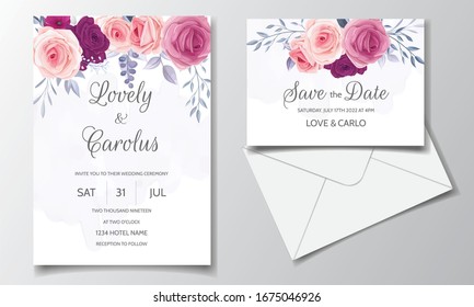 Beautiful wedding invitation card template set with floral frame