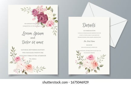 Beautiful wedding invitation card template set with floral frame