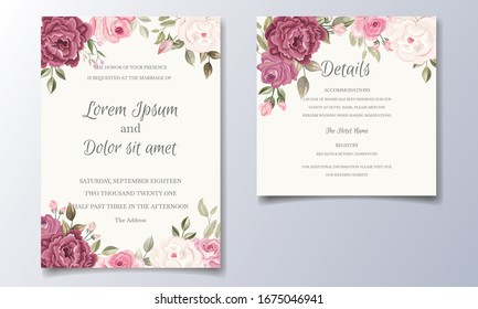 Beautiful wedding invitation card template set with floral frame