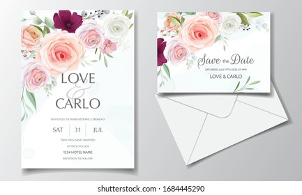 Beautiful wedding invitation card template set with colorful floral frame