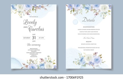 Beautiful wedding invitation card template with spring leaves and flower