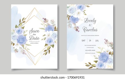 Beautiful wedding invitation card template with spring leaves and flower