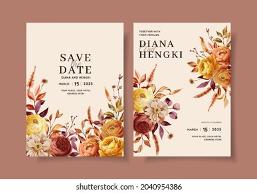 beautiful wedding invitation card template with warm autumn floral