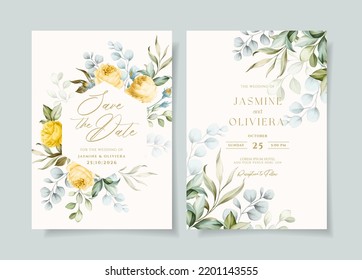 Beautiful wedding invitation card template set with floral and leaves decoration