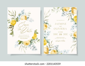 Beautiful wedding invitation card template set with floral and leaves decoration