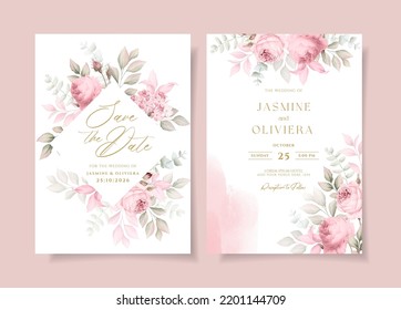 Hermosa plantilla de tarjeta de invitación a boda con florida suave y decoración de hojas