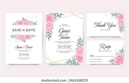 Beautiful wedding invitation card template set with gold geometric border and watercolor roses