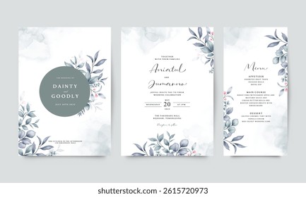 Beautiful wedding invitation card template set with leaves decoration