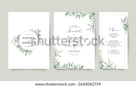 Beautiful wedding invitation card template set in watercolor greenery decoration